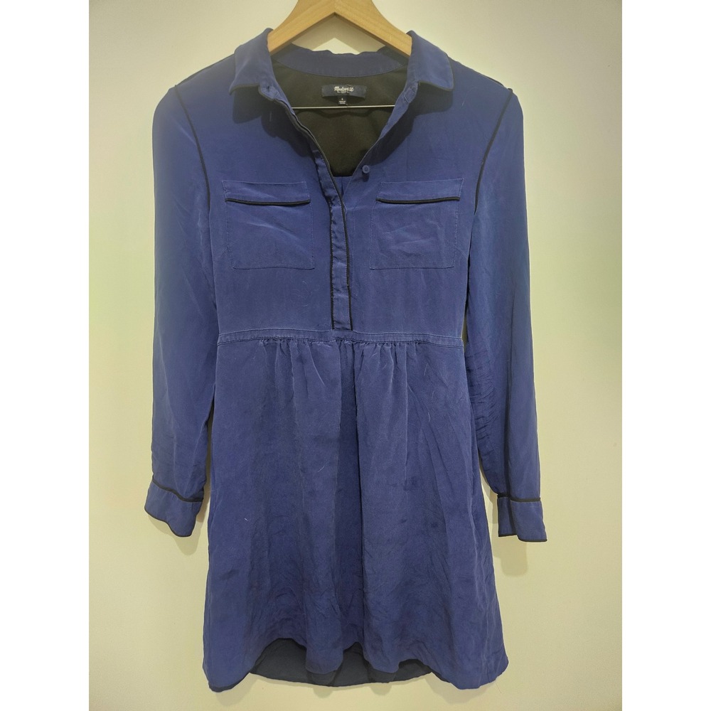 Madewell Blue 100% Silk Long Sleeve Mini Shirt Dress with Piping Size 4 08793